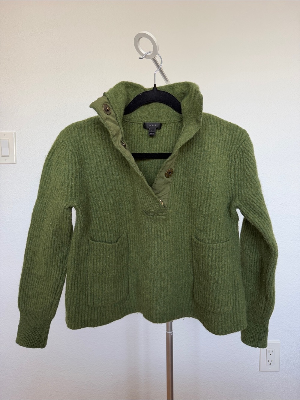 J. Crew Olive Ribbed Button-Front Funnelneck Sweater
